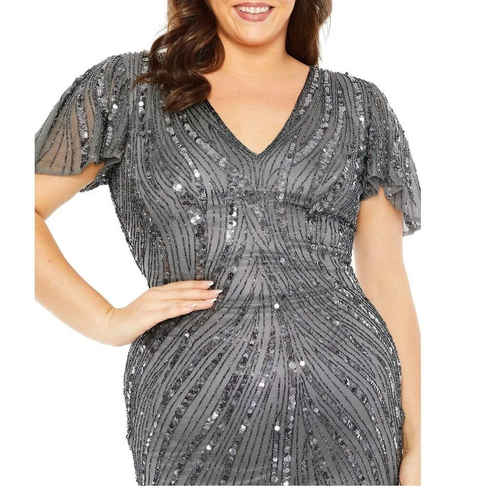 NWT Mac Duggal Flutter Sleeve Embellished Dress Pewter 18W - Picture 2 of 8